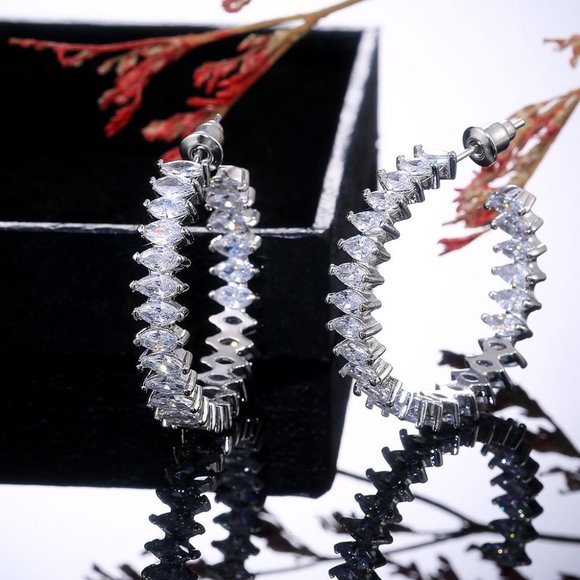 NEW Silver Marquis Diamond Inside Out Hoops - Picture 4 of 6